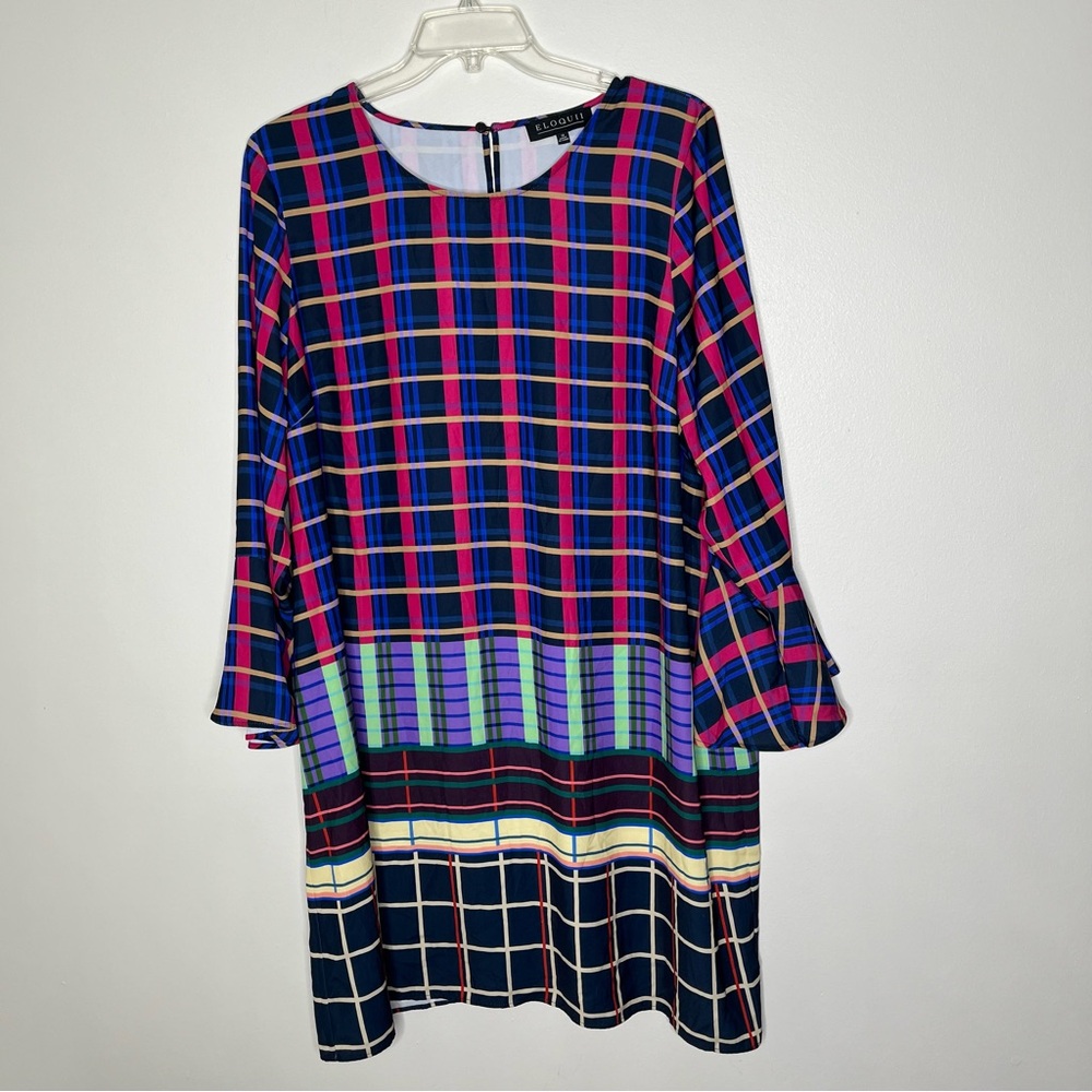 Eloquii Multicolor Plaid Dress with Flared Long Sleeves  Key Hole Opening SZ 18